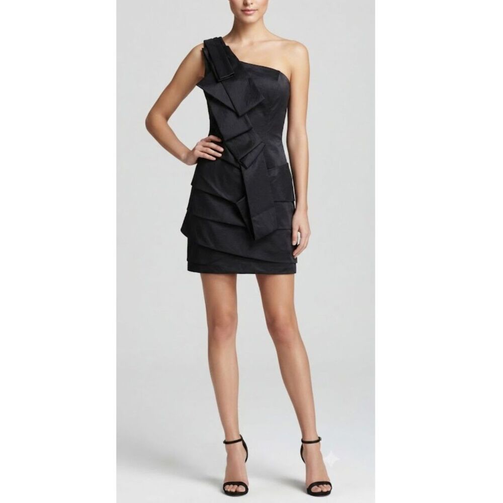 Feriani Couture Black Cocktail Dress Size 4 One Shoulder Tiered Party